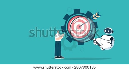 A man and an AI robot analyze a target together through a magnifying glass against a gear backdrop, representing technology optimization and goal achievement.