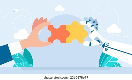 La mano de un robot de IA y hombre conecta el rompecabezas. Robot y Business Hand sosteniendo el rompecabezas. Inteligencia Artificial Humana y AI trabajando juntos. Asociación con un concepto de robot. Ilustración del vector