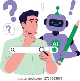 Un hombre y un robot de IA interactúan con una barra de búsqueda, simbolizando la asociación, la investigación digital y las soluciones innovadoras.