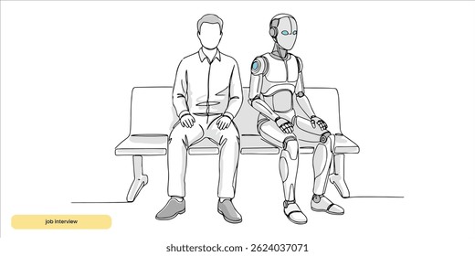 Homem e robô AI esperando por uma entrevista de emprego desenho de arte de linha única contínua esboço no fundo branco

