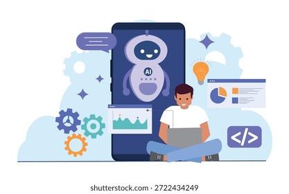Mann mit KI-Website. Junger Mann sitzt in der Nähe von Smartphone mit Internet-Bots. Künstliche Intelligenz und maschinelles Lernen