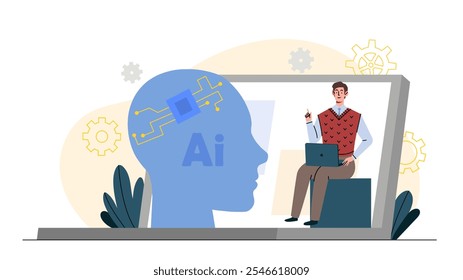 Homem com IA. Jovem rapaz com laptop trabalha com inteligência artificial. Tecnologias e inovações modernas. Trabalho em equipe futurista. Ilustração de vetor plano isolada no plano de fundo branco