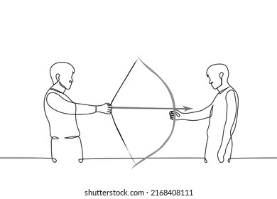 man aiming an arrow at another who is holding his bow - one line drawing vector. concept or metaphor for trust, love, danger, relationship