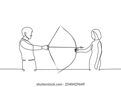 Hombre apuntando una flecha a otro que está sosteniendo su arco - una línea dibujando Vector. concepto o metáfora de confianza, amor, peligro, relación. Vector hecho a mano no AI