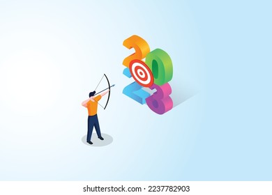 a man aiming an arrow at the target on 2023. isometric illustration of 2023.