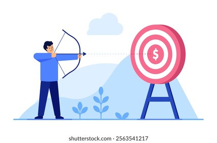 Man aiming bow and arrow at a bullseye target with dollar sign. Financial goals, business success, opportunity, strategy, planning, objective concepts. Flat illustration isolated on white background