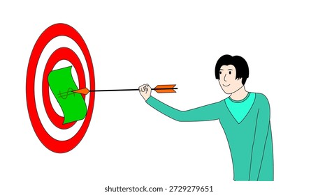 Un hombre apunta un dardo a un blanco rojo con un pico verde en el centro. Concepto de determinación y enfoque mientras el hombre se prepara para golpear el objetivo
