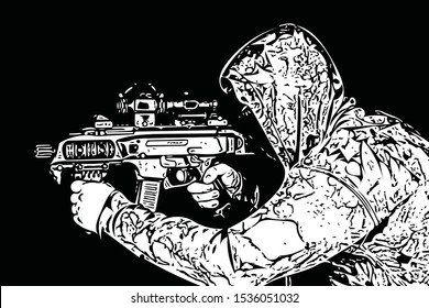 Man aiming machine gun, balck background, wallpaper. Vector monochrome illustration