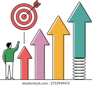 Man aiming for a target with colorful ascending arrows