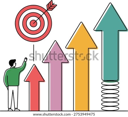 Man aiming for a target with colorful ascending arrows