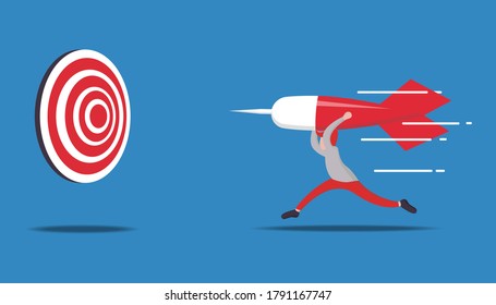 man aims at achieving success and aims for target or goal concept, businessman leader holding dart arrow running to the target to win in business strategy