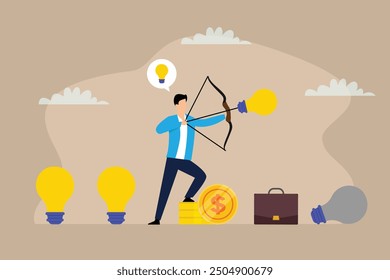 Un hombre apunta un arco a las bombillas mientras está parado sobre pilas de monedas en un entorno creativo y abstracto que representa la innovación y las Ilustraciones vectoriales planas 2D de las finanzas