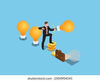 A man aims a bow at light bulbs while standing on stacks of coins in a creative and abstract setting representing innovation and finance 3d isometric vector illustration