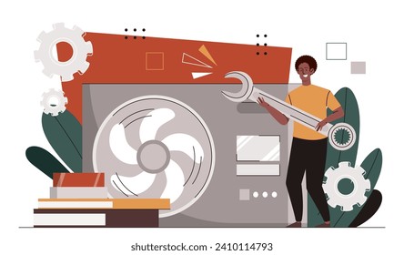 Man with air conditioning concept. Young guy with wrench near gadget and device. Cooling system for home and house. Repairman fix problems and troubles. Cartoon flat vector illustration