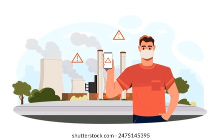 Man with air pollution. Young guy in mask stands against backdrop of factories. Release of co2 and harmful substances into atmosphere. Unhealthy smoke. Cartoon flat vector illustration