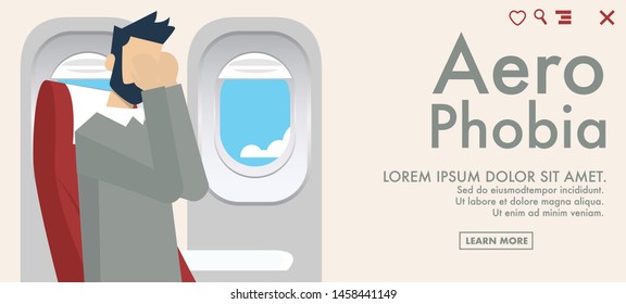 A Man With Air sickness phobia sitting inside the airplane cabin with view of the sky outside the plane in sunshine sunny summer day