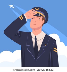 Man Aircraft Pilot or Aviator in Cap and Uniform Looking Up in the Sky Vector Illustration