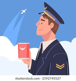 Man Aircraft Pilot or Aviator in Cap and Uniform Looking Up in the Sky Holding Mug Vector Illustration
