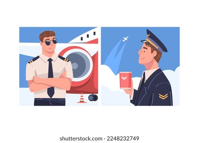 Man Aircraft Pilot or Aviator in Cap and Uniform in Sunglasses and Mug Smiling Vector Set