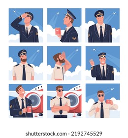 Man Aircraft Pilot or Aviator Looking Up in the Air and Holding Mug Vector Set