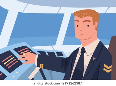 Man Aircraft Pilot Or Aviator Sitting Inside Airplane Cabin At Control Panel Vector Illustration