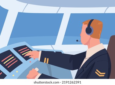 Man Aircraft Pilot Or Aviator Sitting Inside Airplane Cabin At Control Panel Vector Illustration