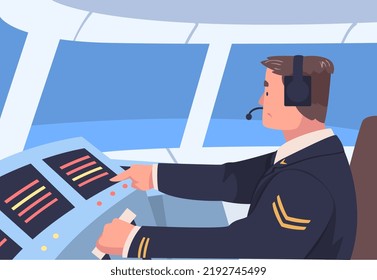 Man Aircraft Pilot Or Aviator Sitting Inside Airplane Cabin At Control Panel Vector Illustration