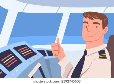 Man Aircraft Pilot Or Aviator Sitting Inside Airplane Cabin At Control Panel Vector Illustration