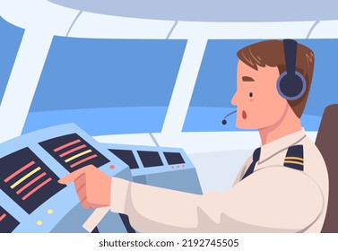 Man Aircraft Pilot Or Aviator Sitting Inside Airplane Cabin At Control Panel Vector Illustration