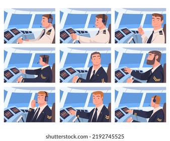 Man Aircraft Pilot Or Aviator Sitting Inside Airplane Cabin At Control Panel Vector Set