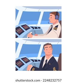 Man Aircraft Pilot or Aviator Sitting Inside Airplane Cabin at Control Panel Vector Set