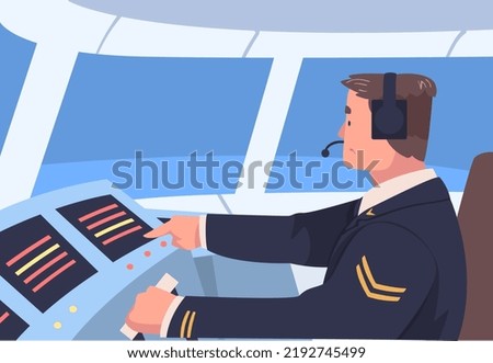 Man Aircraft Pilot or Aviator Sitting Inside Airplane Cabin at Control Panel Vector Illustration