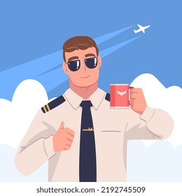 Man Aircraft Pilot or Aviator in Sunglasses Holding Mug and Showing Thumb Up Gesture Vector Illustration