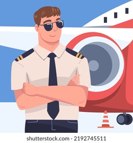 Man Aircraft Pilot or Aviator in Sunglasses Standing Near Plane Turbine with Folded Arms Vector Illustration