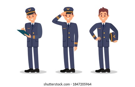 Man Aircraft Pilot Wearing Professional Blue Uniform and Cap Vector Illustration Set