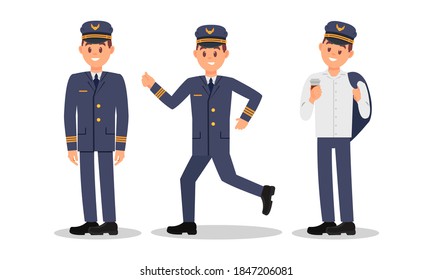 Man Aircraft Pilot Wearing Professional Uniform Standing with Coffee and Running Vector Illustration Set.