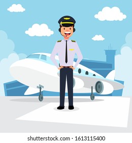 Man airplane pilot in front of the plane at the airport vector illustration