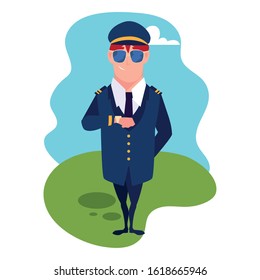 man airplane pilot standing with background landscape vector illustration design