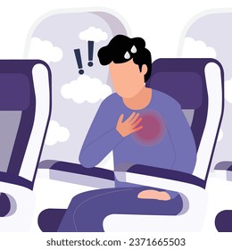 Hombre en el avión que sufre de un ataque de pánico, latido rápido del corazón, sudoración y temblor.Ilustración de caricatura vectorial.