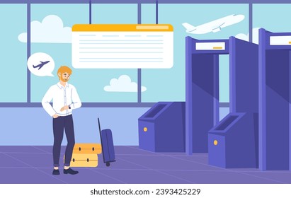 Hombre en el concepto del aeropuerto. Joven con equipaje y equipaje en la terminal a la espera de la llegada del avión cerca de la salida. Vuelos internacionales, viajes y turismo. Dibujo vectorial plano de dibujos animados