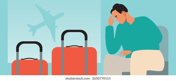 Man at the airport feeling tired, flat vector stock illustration as a concept of traveling or long road sstkTravel