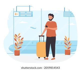 Man in airport. Human with luggage and tickets in his hands waiting for his plane. Travel, vacation, company, tourist, suitcase. Cartoon flat vector illustration isolated on white background