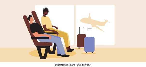 Man in an airport lounge. Flat vector stock illustration. Waiting room interior. Man passengers with a suitcase. Men traveling. Waiting for the flight. Vector graphics