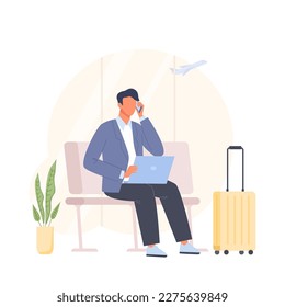 Man at the airport terminal working on a laptop and talking on a mobile phone. Business trip concept. Business passenger in the lounge area waiting for the flight. Flat style in vector illustration