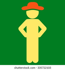 Man Akimbo vector icon. Style is bicolor flat symbol, orange and yellow colors, rounded angles, green background.