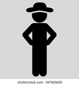 Man Akimbo vector icon. Style is flat symbol, black color, rounded angles, light gray background.
