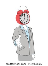 a man with an alarm clock on his head stretches out his hand. business relationship. vector illustration.