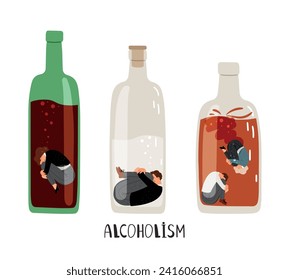 A man with alcohol addiction sits at the bottom of a bottle. Codependent woman drowns in a bottle of alcohol. Alcohol abuse concept vector illustration of alcohol addiction in bottle