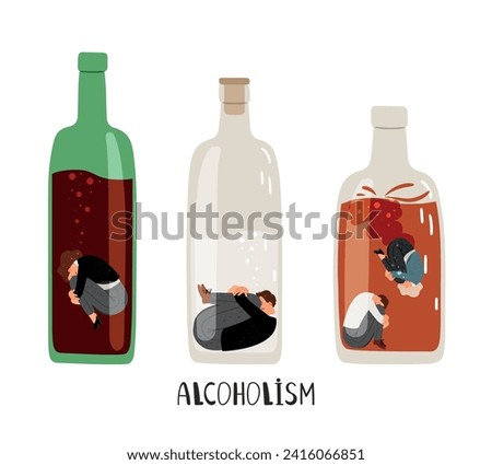 A man with alcohol addiction sits at the bottom of a bottle. Codependent woman drowns in a bottle of alcohol. Alcohol abuse concept vector illustration of alcohol addiction in bottle
