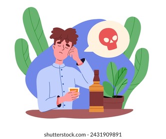 Man with alcoholism concept. Young guy with bottles of alcohol. Addiction to alcoholic drinks and beverages. Mental health problems. Cartoon flat vector illustration isolated on white background